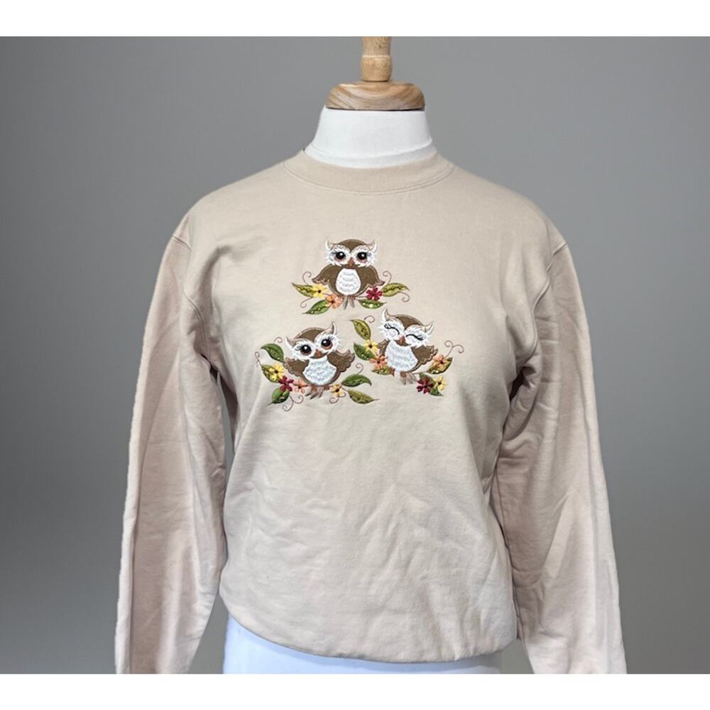 Morning Sun Stacked Crewneck Sweatshirt Embroidered Owl Womens S Novelty Nature